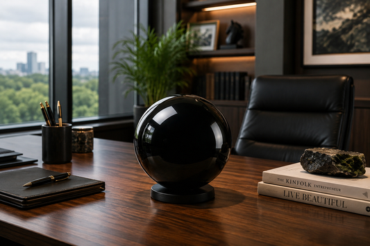 A 20-pound polished large Shungite sphere positioned on a raw stone stand, displayed as a digital grounding centerpiece on a dark office desk within a modern workplace environment.