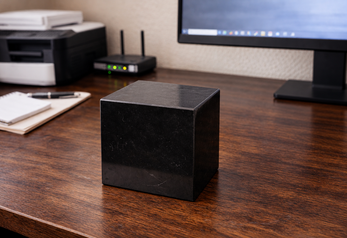 A polished, smooth black stone cube sitting on a dark grain wooden desk surface next to a notebook.