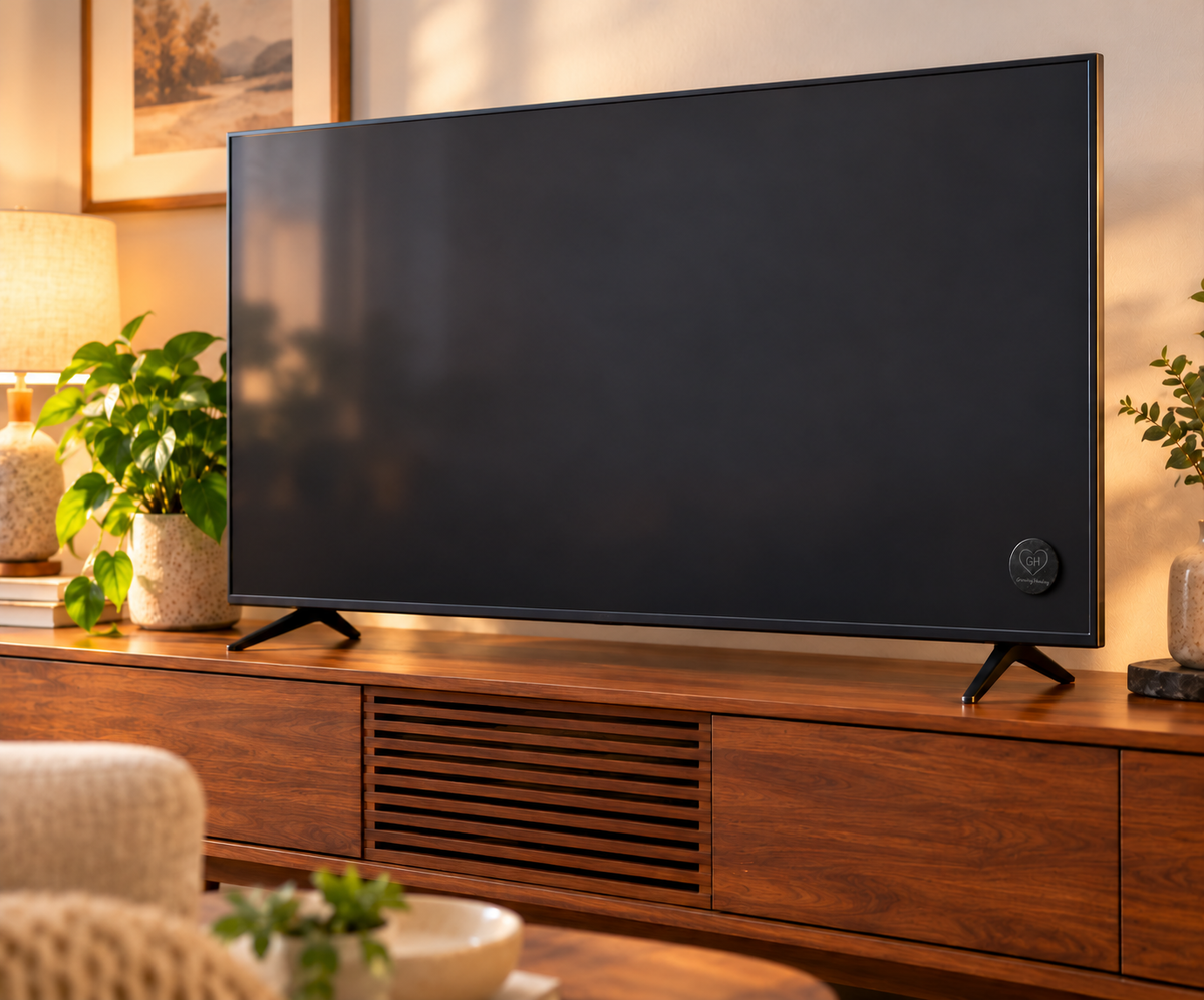 A premium black circular Shungite tech tab attached to the bottom right frame of a flat-screen television sitting on a modern wooden media console.
