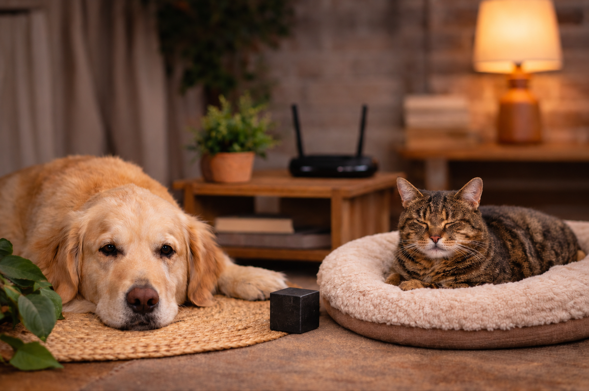 A small polished black shungite stone cube placed on a wooden floor in a cozy, warmly lit living room between a resting golden retriever dog and a tabby cat sleeping in a plush round pet bed.