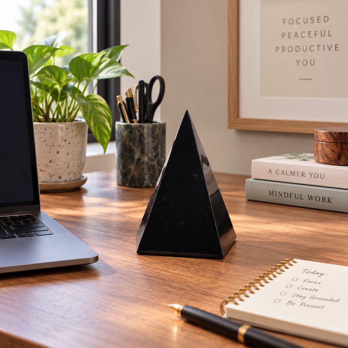 A black polished triangular pyramid desk lamp or decorative object sits on a wooden desk in a styled home office setting, surrounded by a laptop, notebook, pen, plant, and framed wall art.