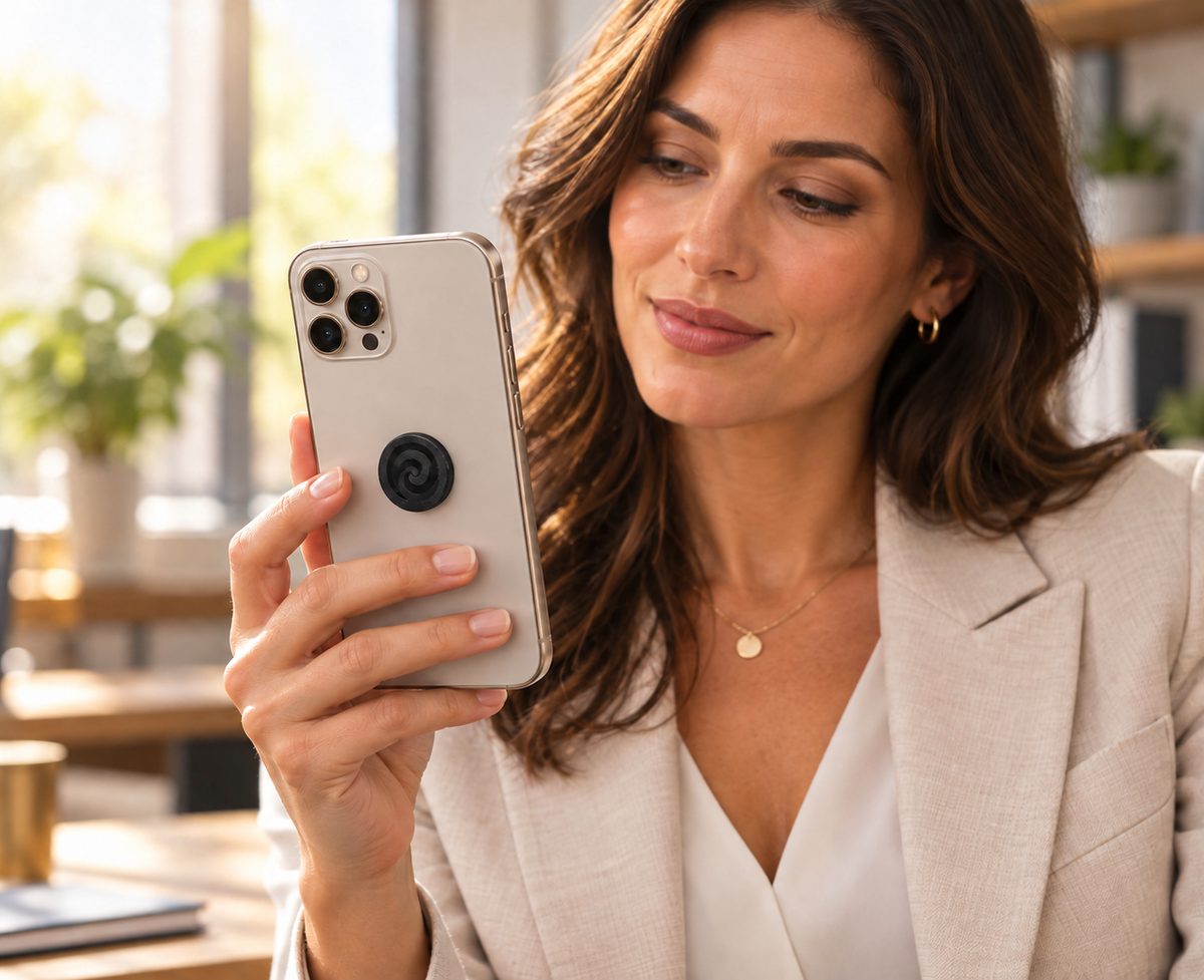 A professional woman in a beige blazer holding an iPhone with a circular black Shungite tab attached to the back of the case.