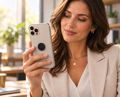 A professional woman in a beige blazer holding an iPhone with a circular black Shungite tab attached to the back of the case.