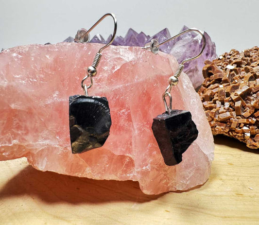 A pair of raw elite noble shungite drop earrings displayed on a wood slice.
