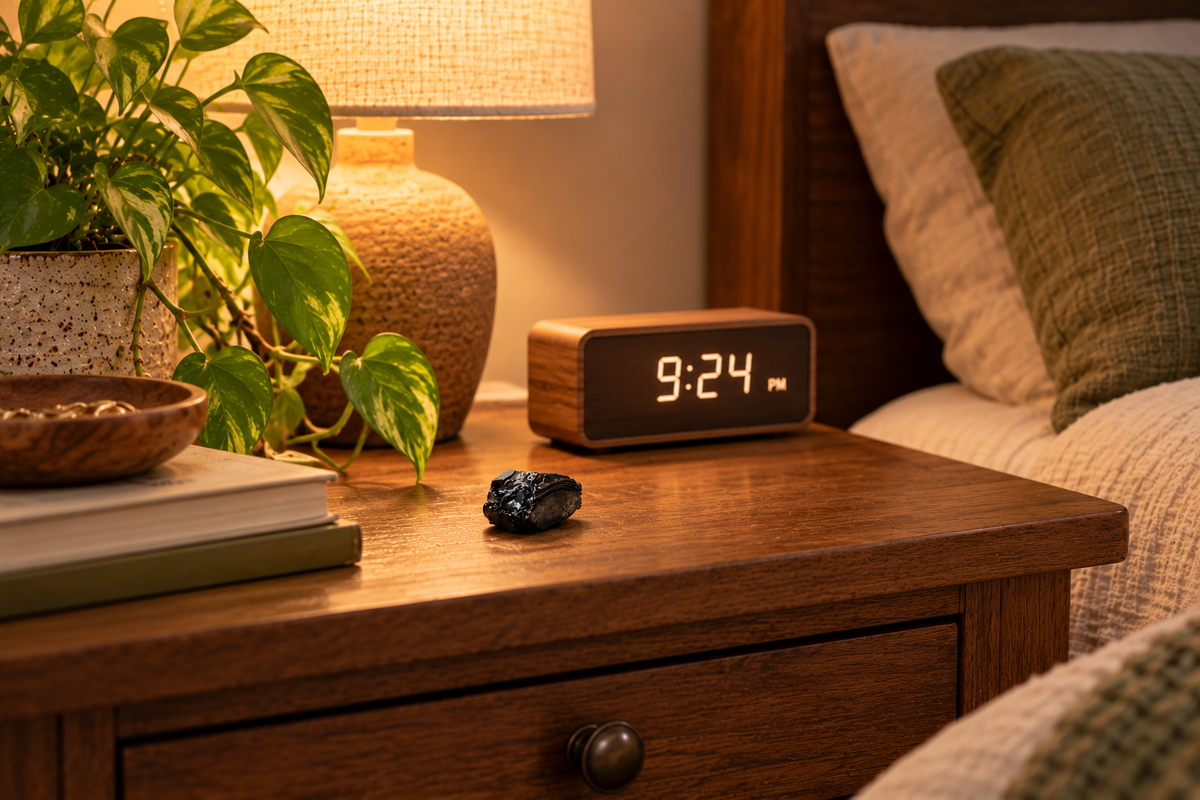 A raw elite noble shungite stone with a lustrous metallic sheen rests on a wooden bedside table next to a digital alarm clock displaying 9:24 PM, a warm glowing lamp, and a green potted plant, illustrating a mindful tech setup and digital wellness routine in a bedroom.