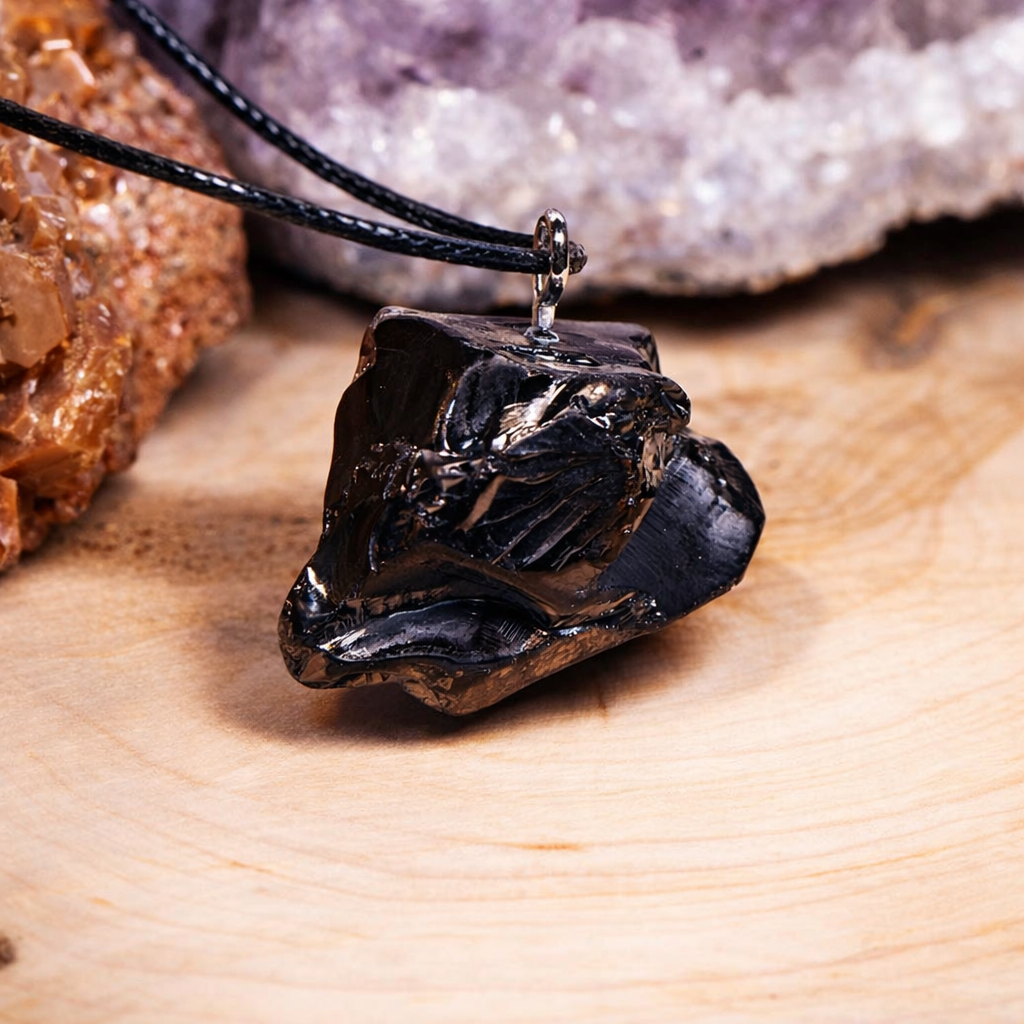Close-up of a horizontally shaped raw Elite Noble Shungite stone pendant showing its glassy, metallic black finish and natural ridges, attached to a black cord necklace.