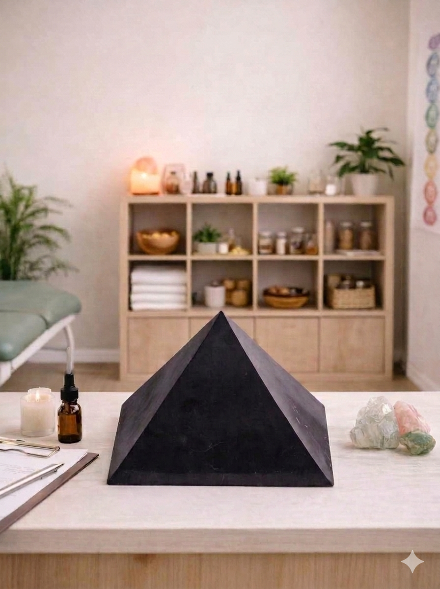 Large 20 lb authentic Karelian shungite pyramid displayed as a digital grounding centerpiece on a modern office desk backdrop.