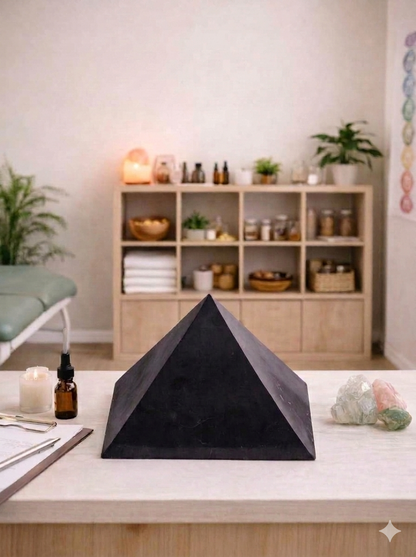 Large 20 lb authentic Karelian shungite pyramid displayed as a digital grounding centerpiece on a modern office desk backdrop.