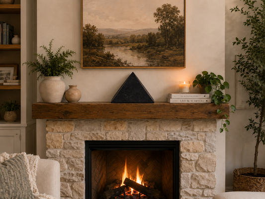 A cozy living room scene centered on a stone fireplace with a wood mantel, lit fire, potted plants, books, and a framed landscape painting above.