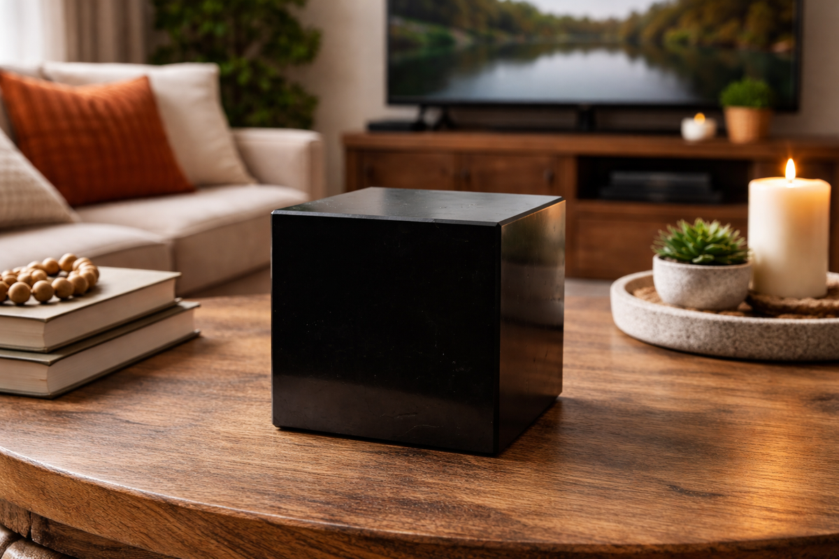 A large polished black stone cube sitting on a rustic wooden coffee table in a warm living room setting next to a lit candle, small potted plant, and decorative books.
