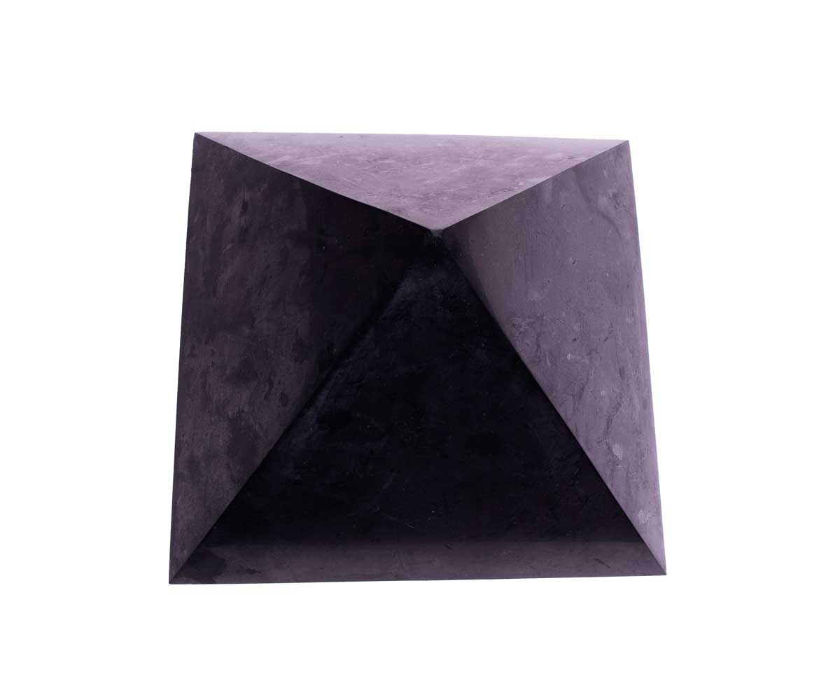 Large 20 lb hand-carved authentic Karelian shungite pyramid showing natural stone veining on a clean white background.