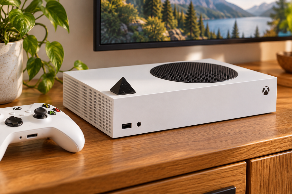 A mini polished black Shungite pyramid sitting on top of a white Xbox Series S console next to a wireless controller on a wooden entertainment center.