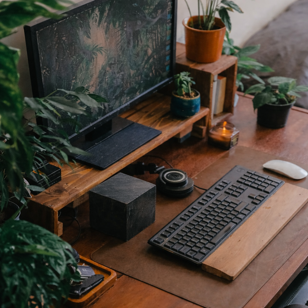 A large polished black shungite cube placed on a leather desk mat next to a mechanical computer keyboard in a modern wooden workspace setup with houseplants.