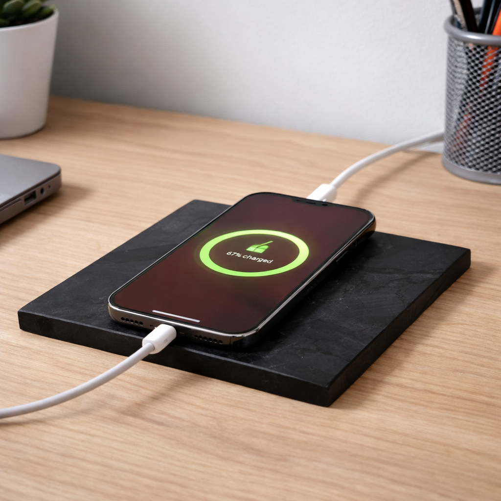 A flat, square polished black shungite stone tile resting flat on a modern light wood desk setup