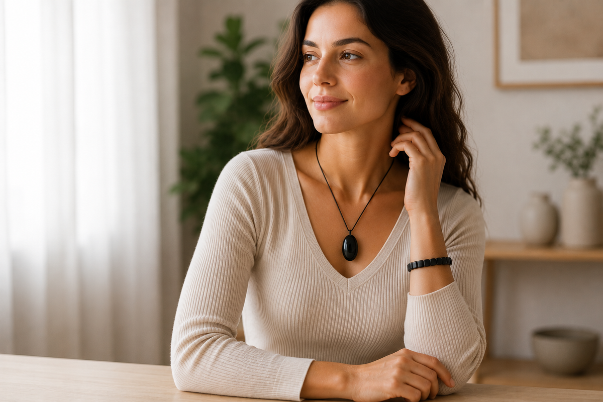 A smiling woman wearing a large, polished oval shungite pendant necklace and a black beaded shungite bracelet in a bright, modern living room.