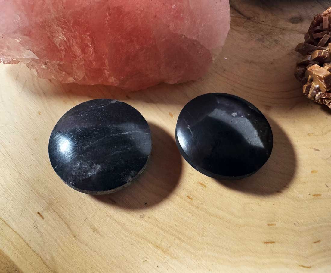A pair of flat, circular polished black shungite pocket polarity harmonizer stones displayed on a wood slice.