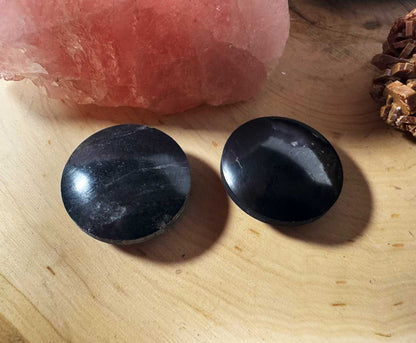 A pair of flat, circular polished black shungite pocket polarity harmonizer stones displayed on a wood slice.
