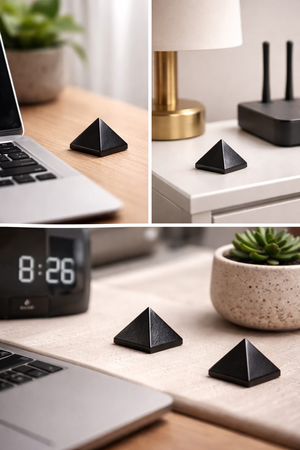A collage of three lifestyle scenes featuring small polished black stone pyramids placed as decorative accents on smooth wooden and white tabletop surfaces next to potted plants.