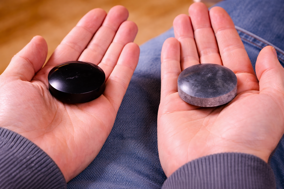 Close up view of two smooth geometric pocket stones showcasing the contrast between raw black shungite and matte gray soapstone minerals.