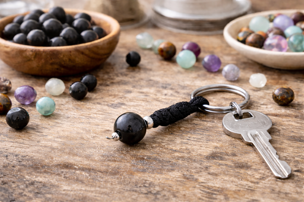 A large polished black Shungite round bead styled on a black braided cord keychain attached to a metal split ring with a house key.