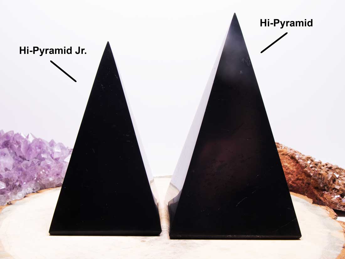 Size comparison of Hi-Pyramid Jr and Hi-Pyramid hand-carved shungite Golod pyramids