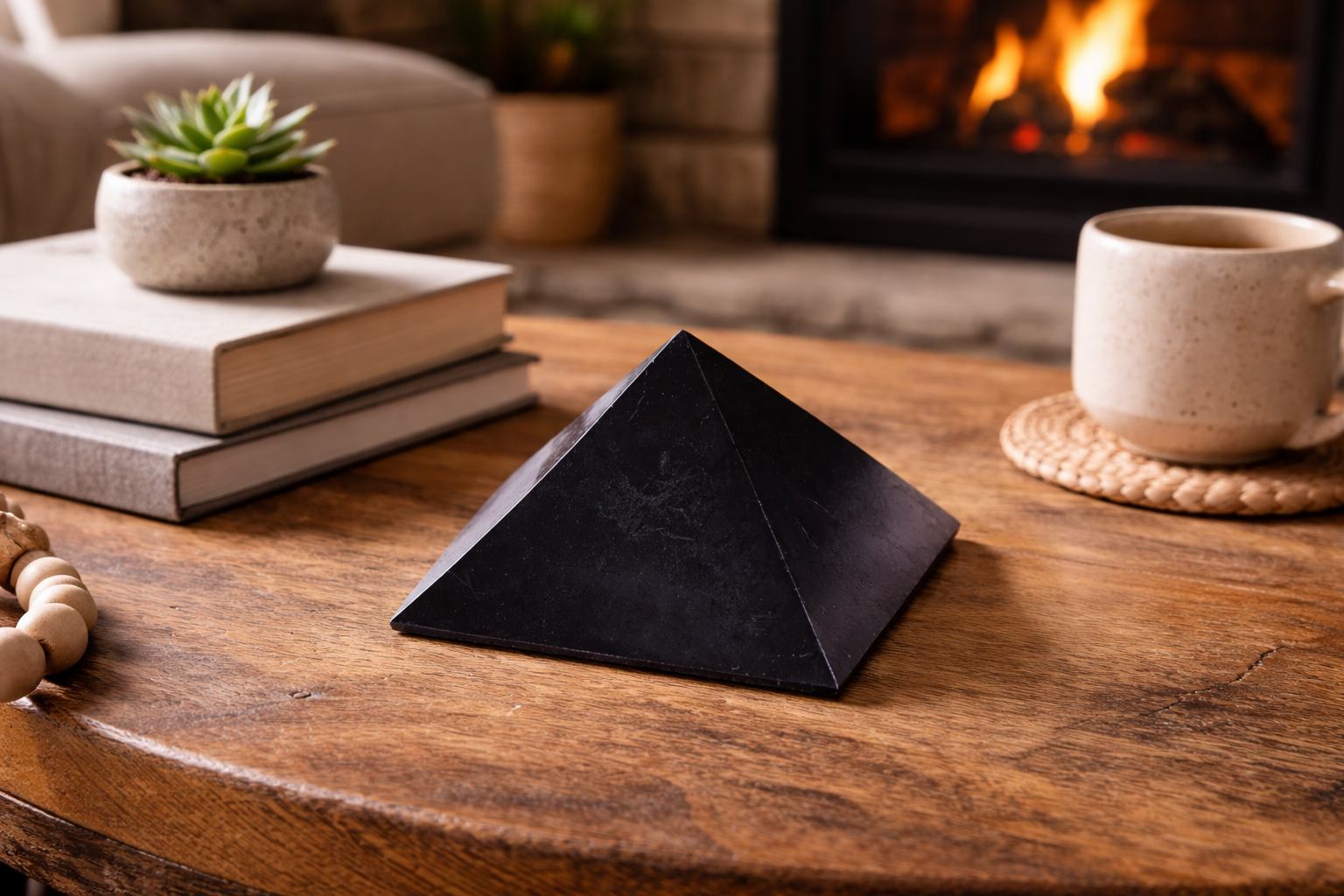Large authentic Karelian shungite pyramid displayed on a rustic wood coffee table in a cozy living room with a fireplace background.