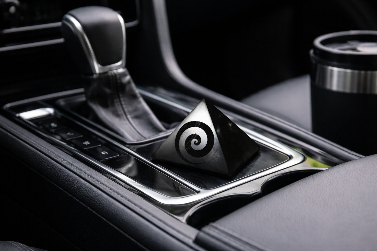 A polished black shungite pyramid with an engraved spiral swirl design placed in a car center console next to the gear shift.