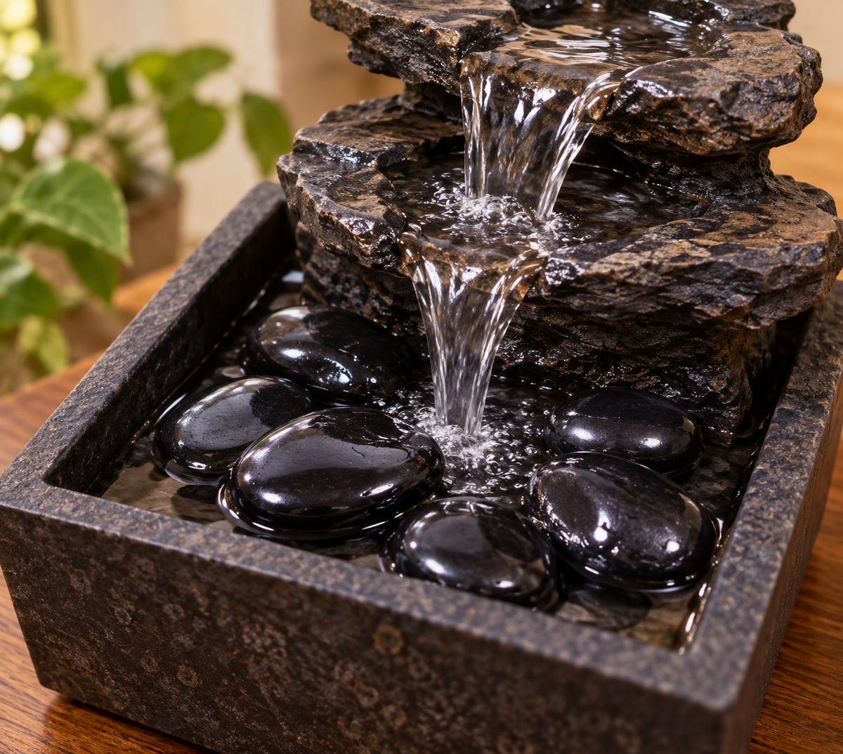 Polished shungite tumbled stones resting inside a three-tier rock tabletop water fountain with flowing streams on a wooden surface next to a potted plant.