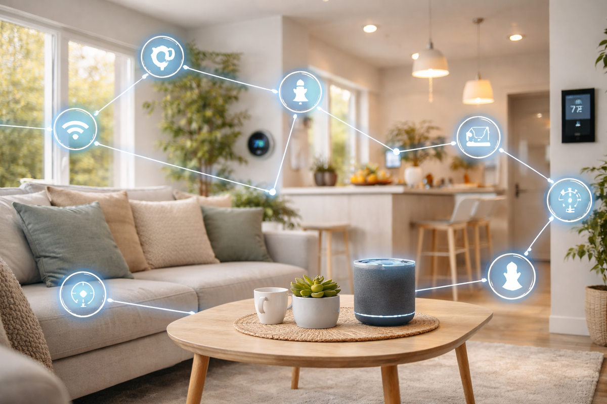 A bright modern living room and kitchen setup showcasing connected smart home devices and illustrative network nodes.