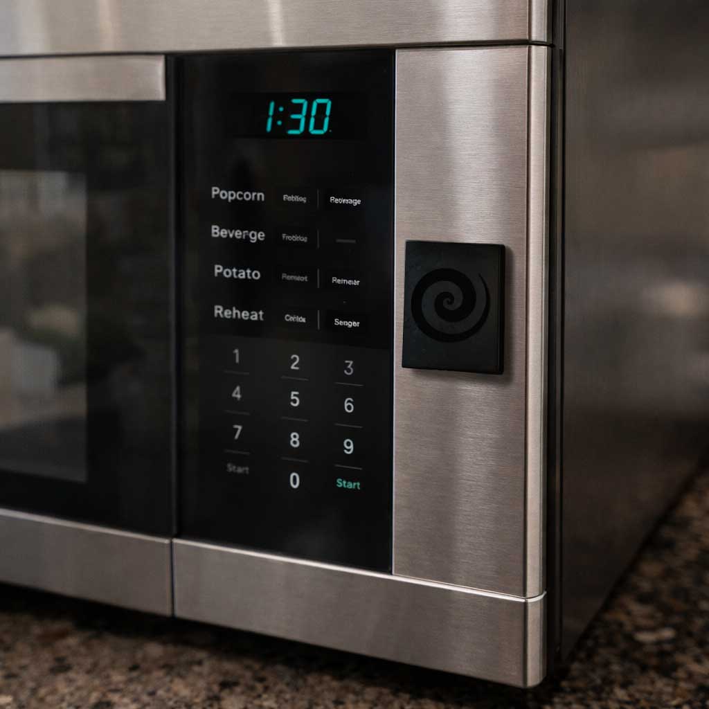 Close up view of a small square black accessory with a carved swirl pattern attached to a brushed stainless steel appliance panel.