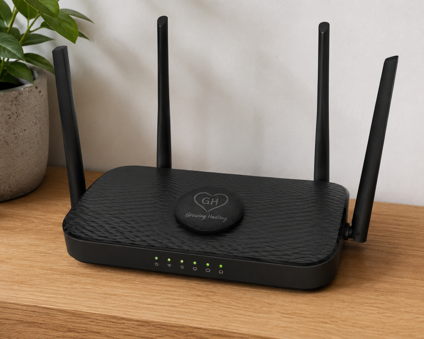 XL Shungite phone tab with Growing Healing logo on wireless router